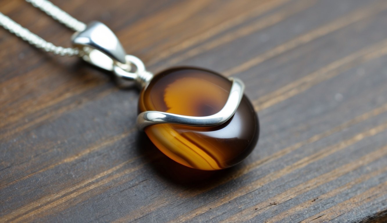 A polished brown agate gemstone set in a delicate silver pendant, catching the light with its natural patterns and earthy hues