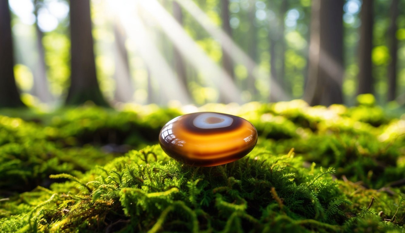 A brown agate sits on a bed of green moss, surrounded by soft beams of light filtering through the trees in a tranquil forest clearing