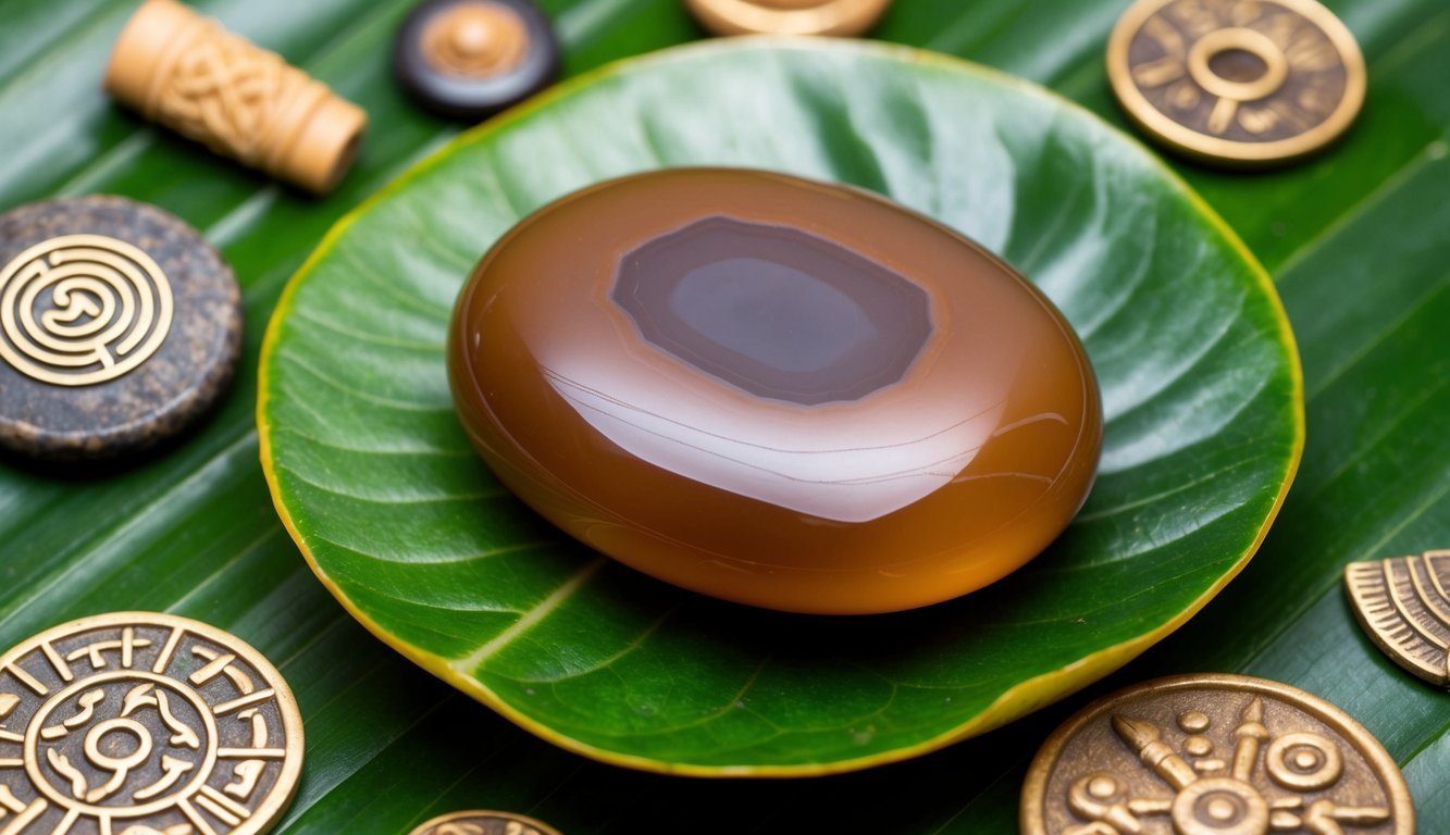 A polished brown agate stone rests on a bed of green leaves, surrounded by ancient artifacts and symbols of cultural significance