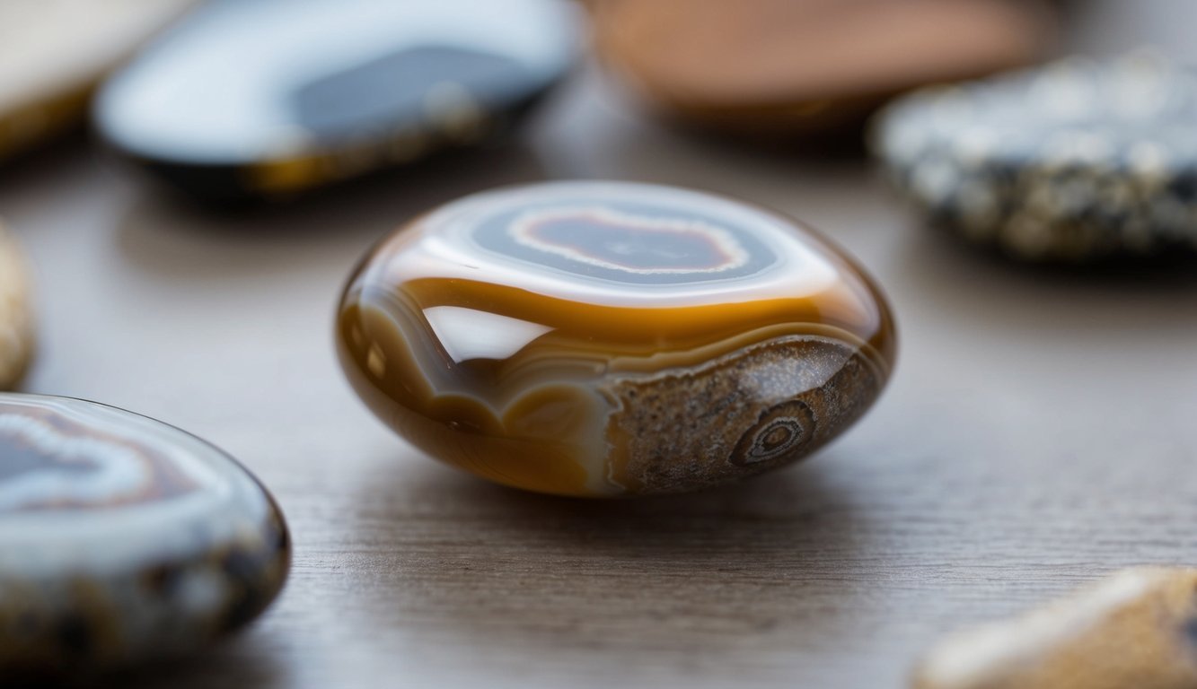 A close-up of a brown agate stone with intricate patterns and textures, surrounded by a softly blurred background