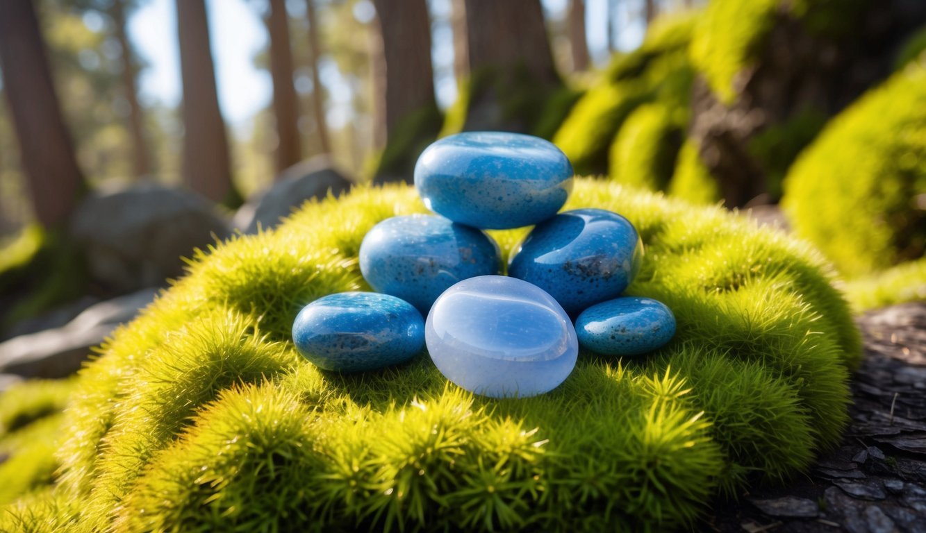 A serene, tranquil scene with a cluster of blue calcite stones nestled among soft, green moss, bathed in the gentle glow of sunlight filtering through the trees