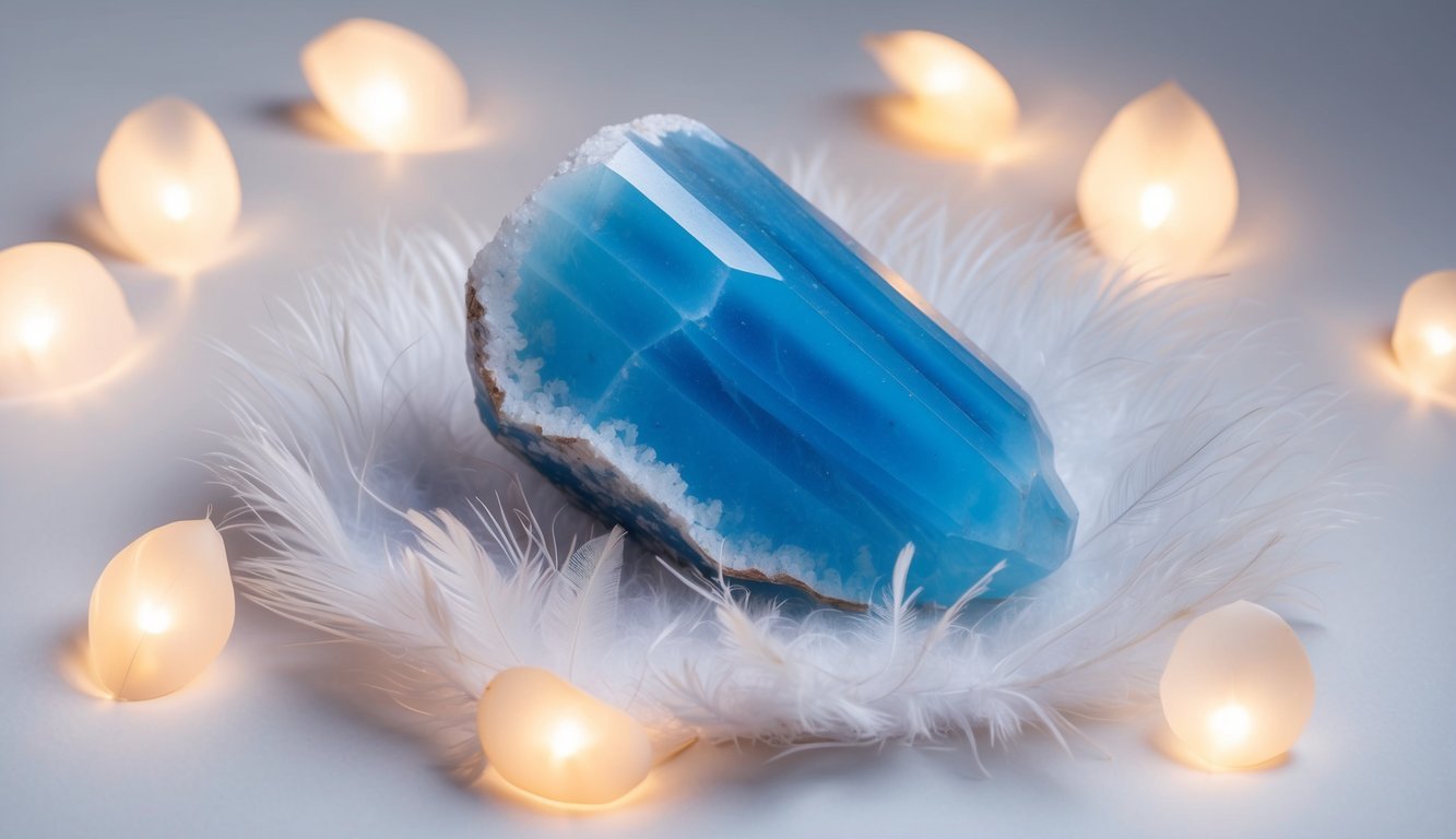 A serene blue calcite resting on a bed of white feathers, surrounded by soft, glowing light
