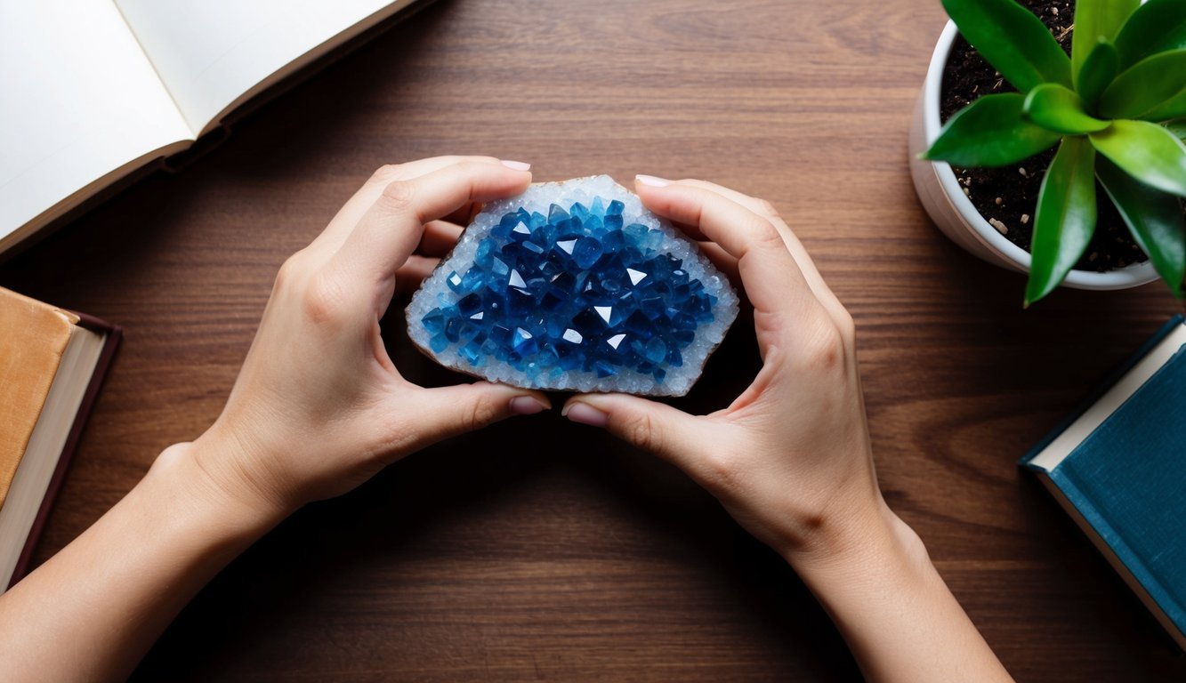 A pair of hands carefully placing a blue calcite crystal on a wooden surface, surrounded by books and a potted plant