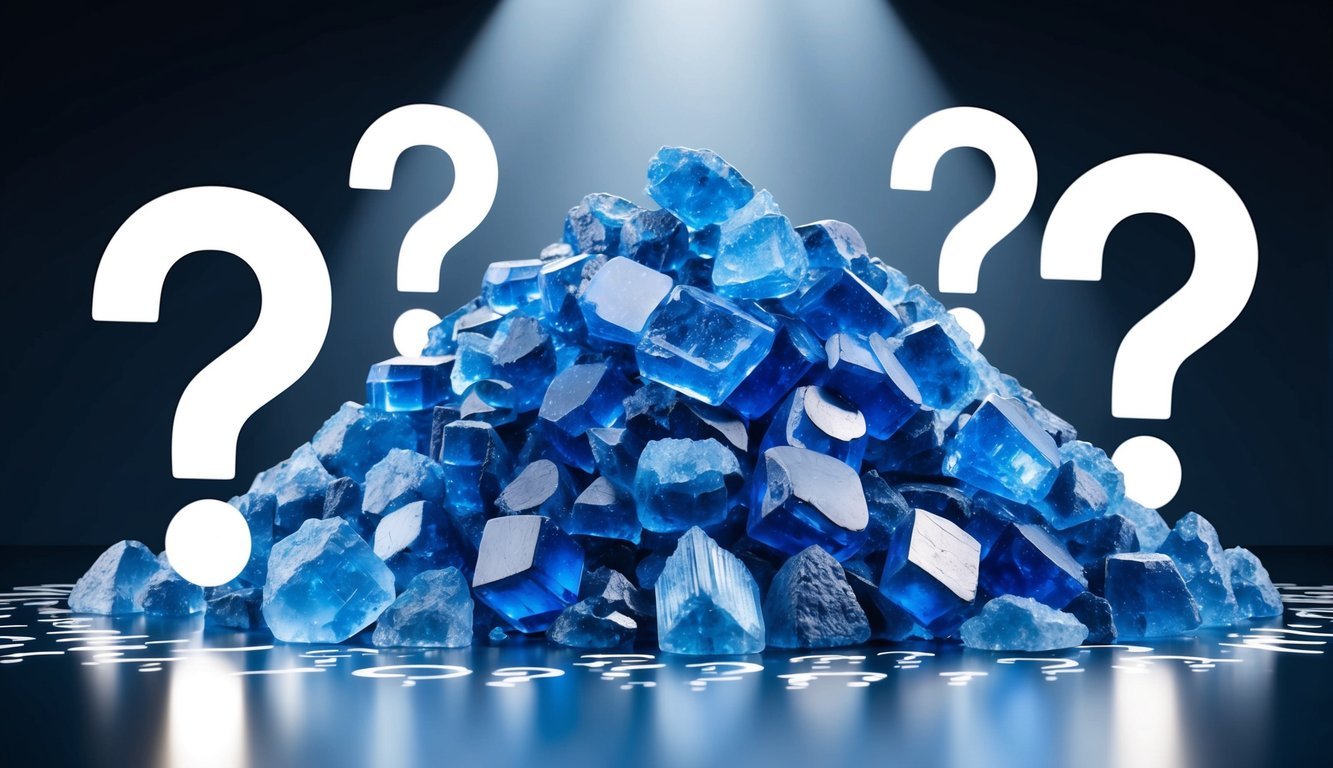 A pile of blue calcite crystals surrounded by question marks and a spotlight