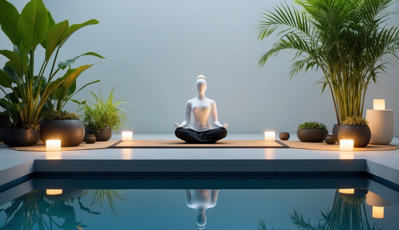 A serene setting with a peaceful atmosphere, featuring a tranquil space for meditation with natural elements such as water, plants, and soft lighting