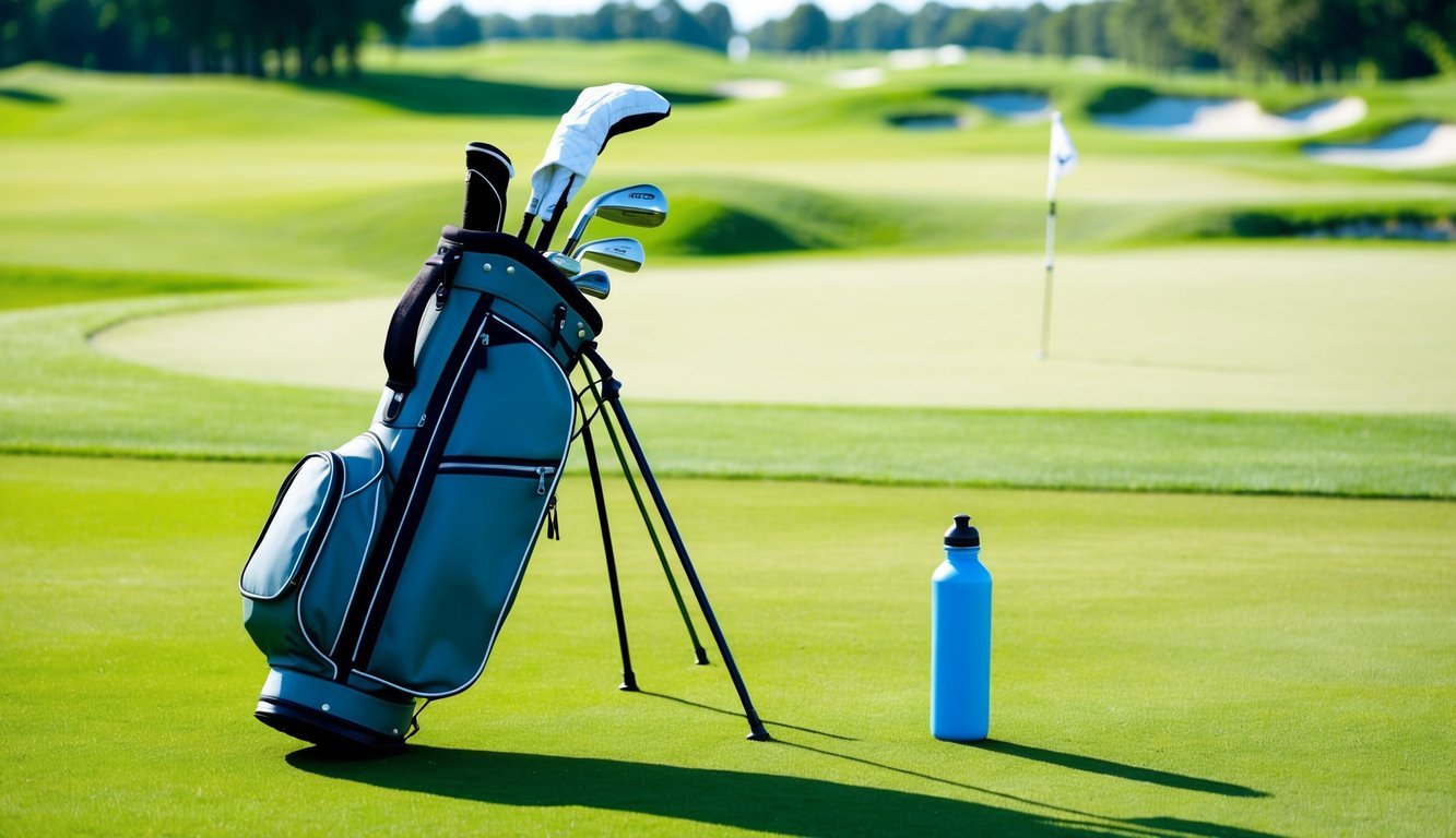 A golf bag with only a few clubs, a single glove, and a water bottle on a pristine green golf course