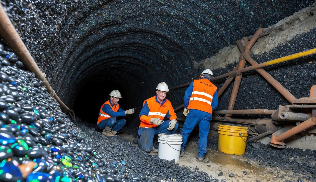 Miners extracting black opal from underground mine shaft