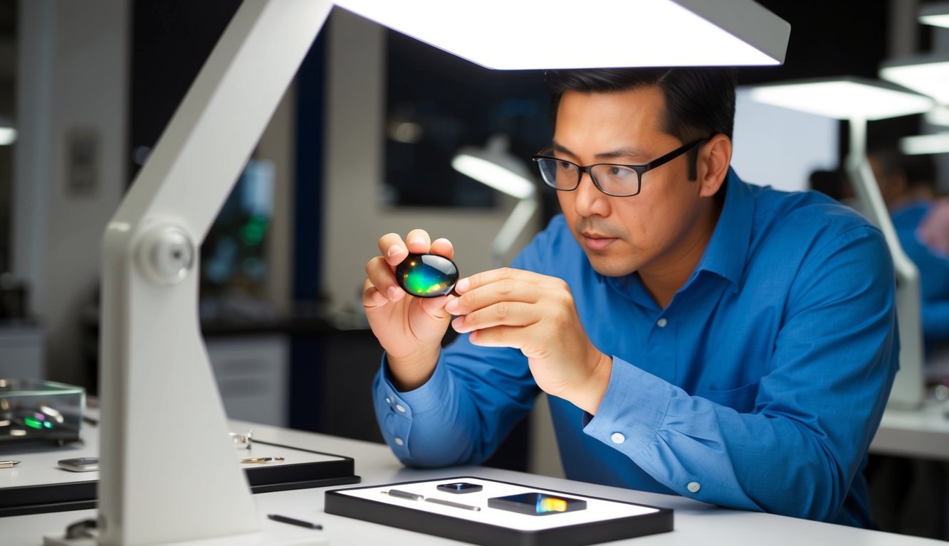 A jeweler carefully inspects a vibrant black opal under bright lighting, noting its color play and assessing its value