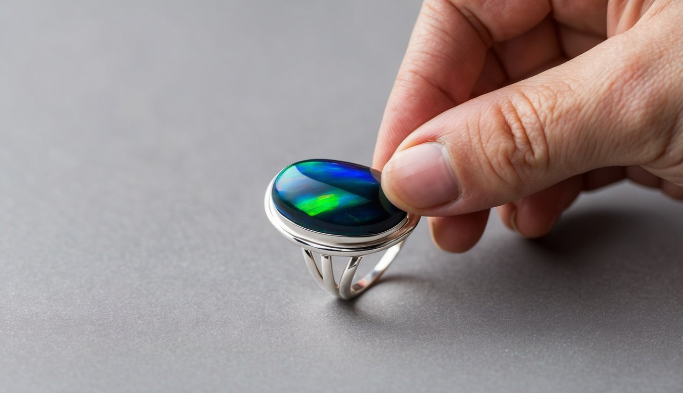 A skilled artisan carefully setting a vibrant black opal stone into a delicate silver setting