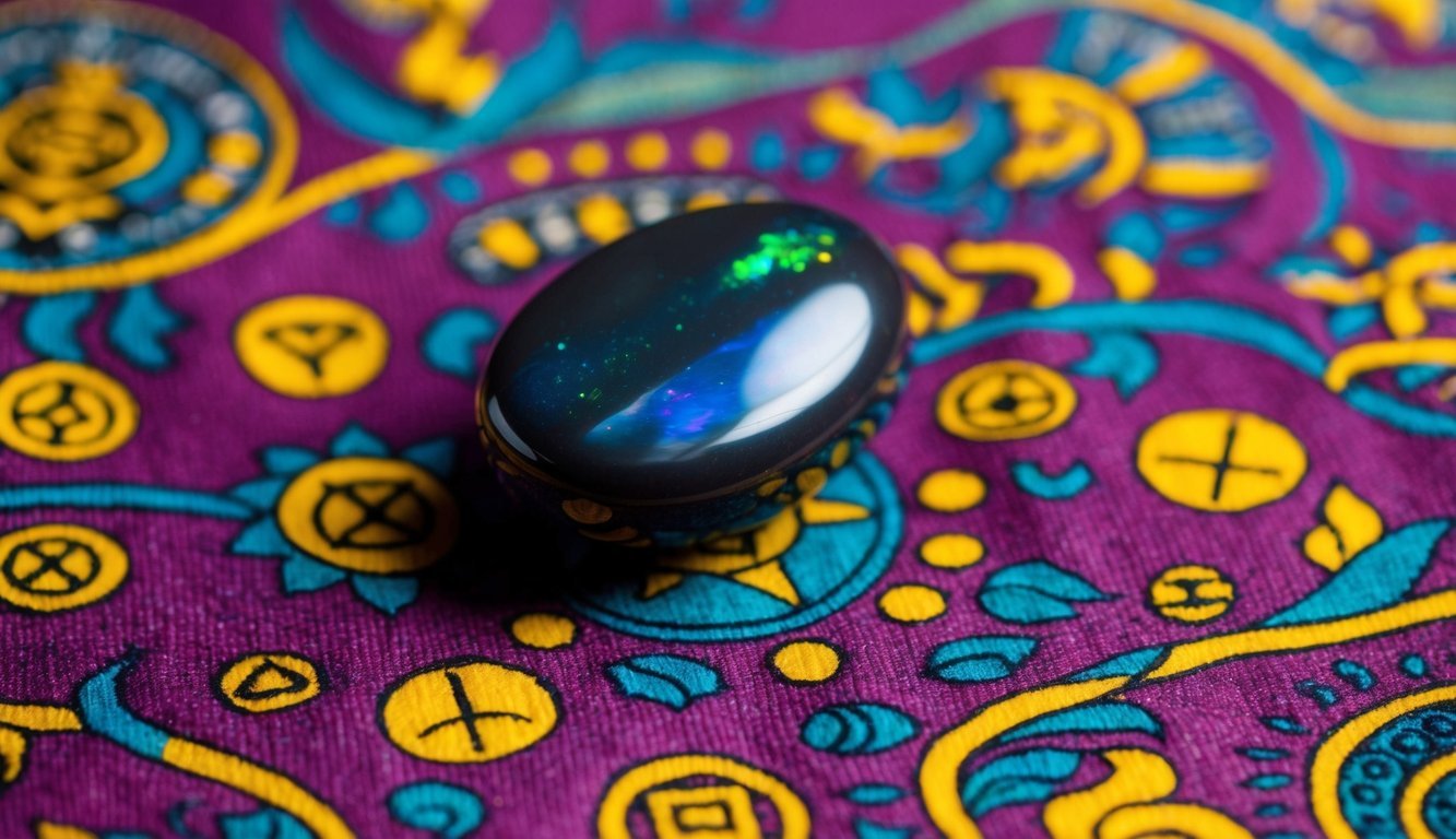 A black opal stone sits on a vibrant, patterned fabric, surrounded by symbols of cultural and metaphysical significance