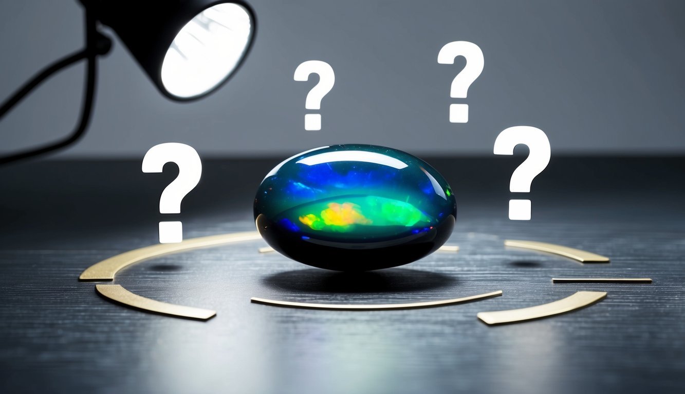 A black opal stone surrounded by question marks and a spotlight