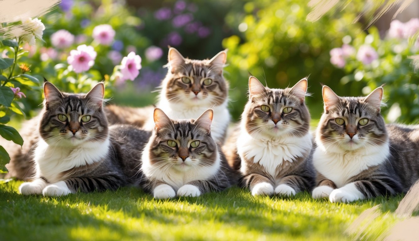 A group of cats with fur and whiskers lounging in a sunlit garden, surrounded by blooming flowers and dappled with soft, impressionistic brushstrokes