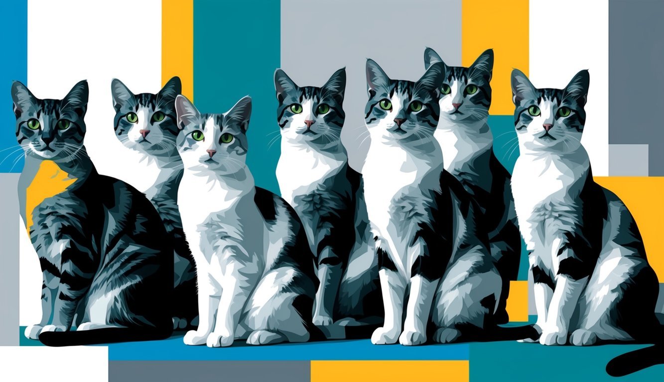 A group of cats depicted in a fragmented and geometric style, with overlapping shapes and bold colors reminiscent of Picasso and the Cubists