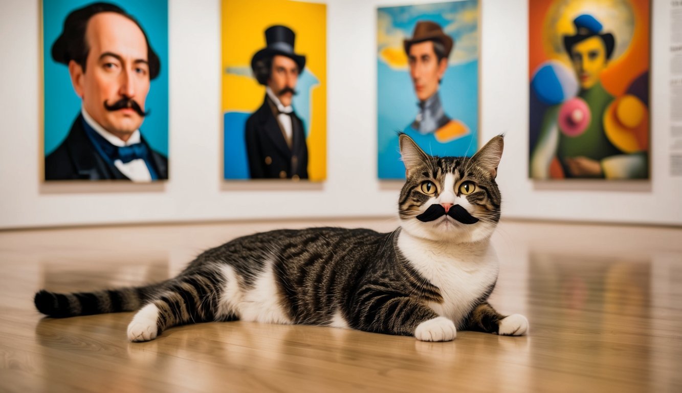 A whimsical cat with a Salvador Dali-esque mustache lounging in front of a series of iconic paintings, blending surrealism with contemporary art styles