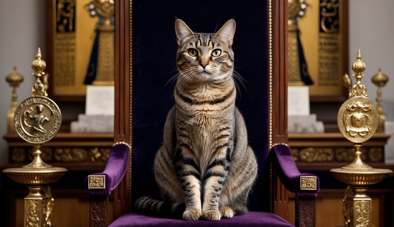A regal cat sits on a velvet throne, surrounded by ornate symbols of power and wisdom.</p><p>Its piercing gaze commands attention, embodying the iconic status of feline portraiture throughout art history