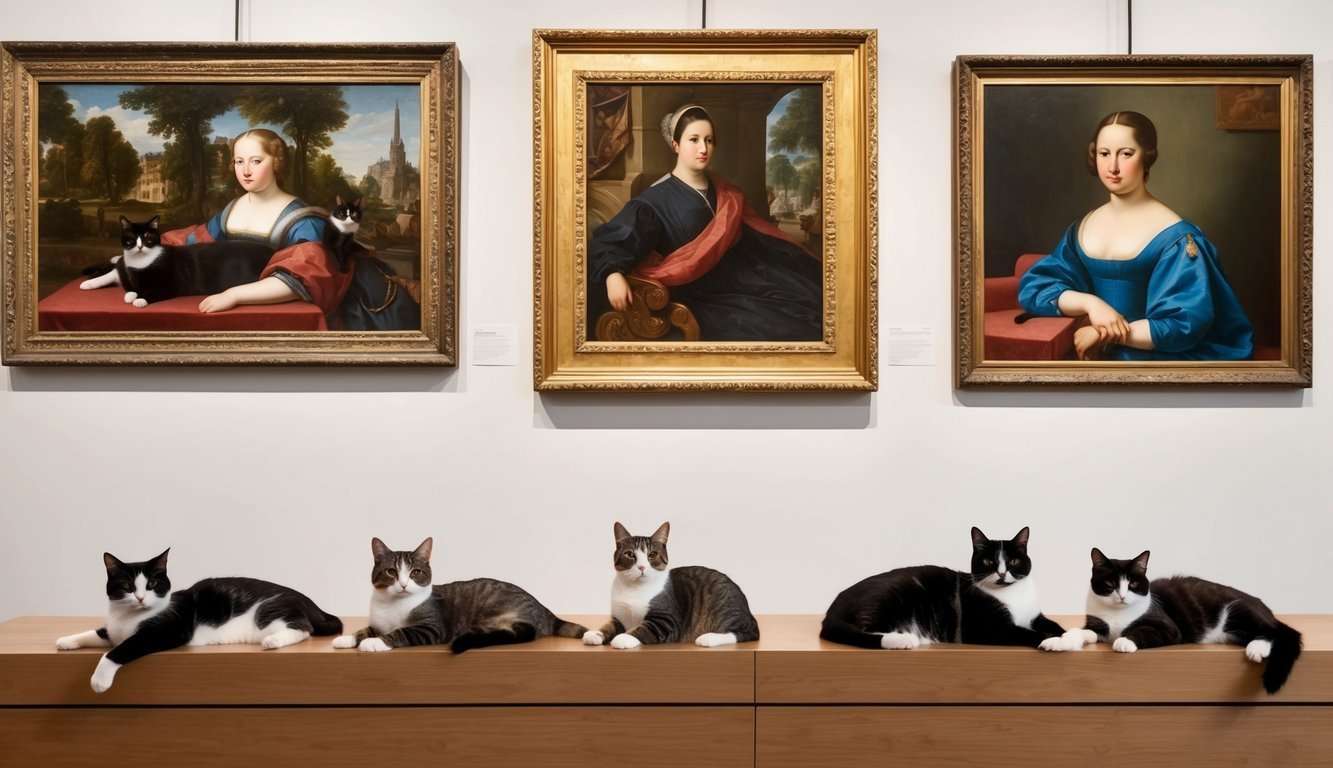 A group of cats lounging in front of famous paintings from art history