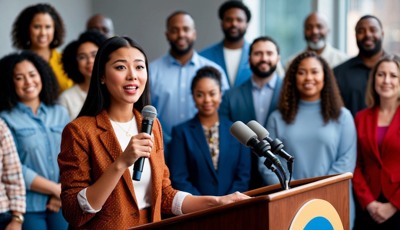 A young woman speaking confidently at a podium, surrounded by diverse supporters and holding a microphone