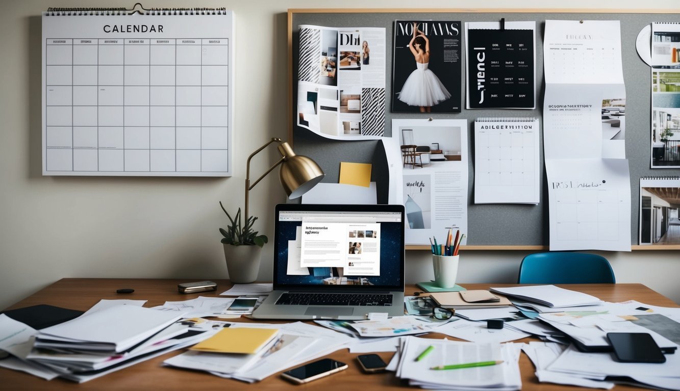 A cluttered desk with scattered papers, a laptop, and a mood board filled with magazine clippings and sketches.</p><p>A calendar with upcoming events and deadlines hangs on the wall