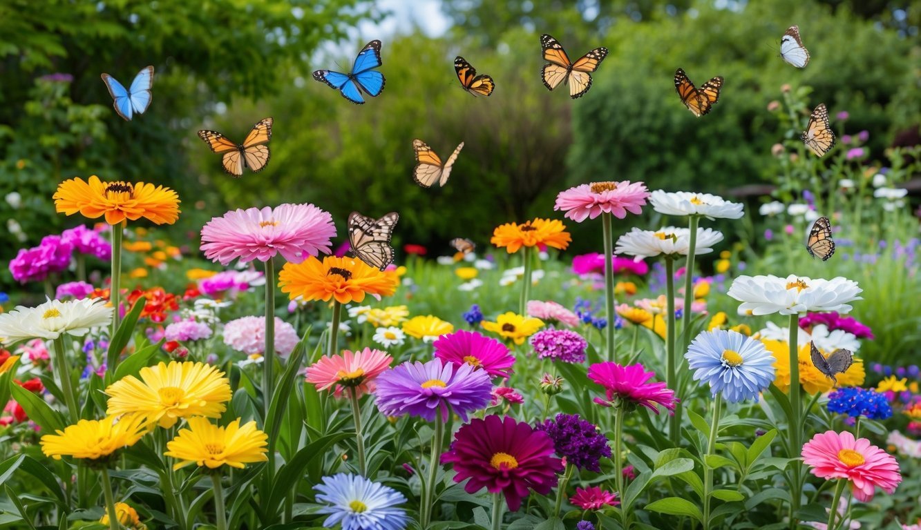 A garden with 220 blooming flowers of different colors and sizes, surrounded by 22 butterflies fluttering around in the air
