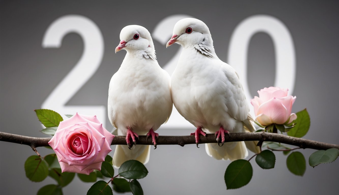 Two white doves perched on a branch, surrounded by two blooming roses, with the number 220 subtly incorporated into the background