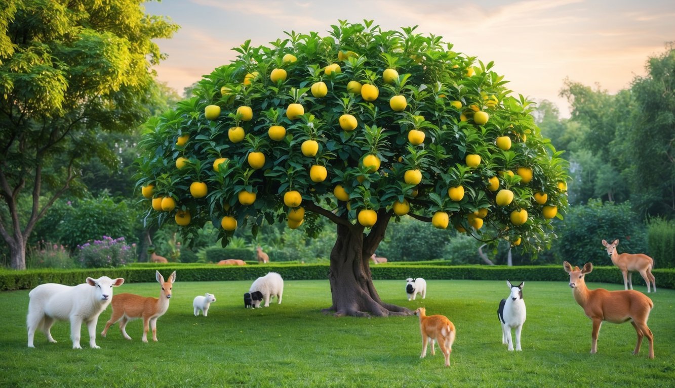 A serene garden with a tree bearing 220 fruits, surrounded by animals living harmoniously