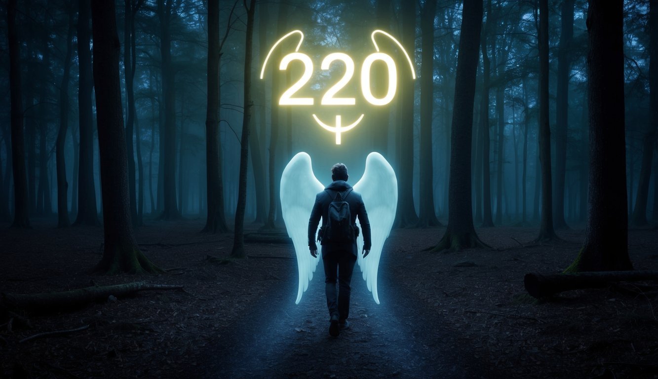 A figure walks confidently through a dark forest, guided by the glow of the 220 220 angel number hovering above them