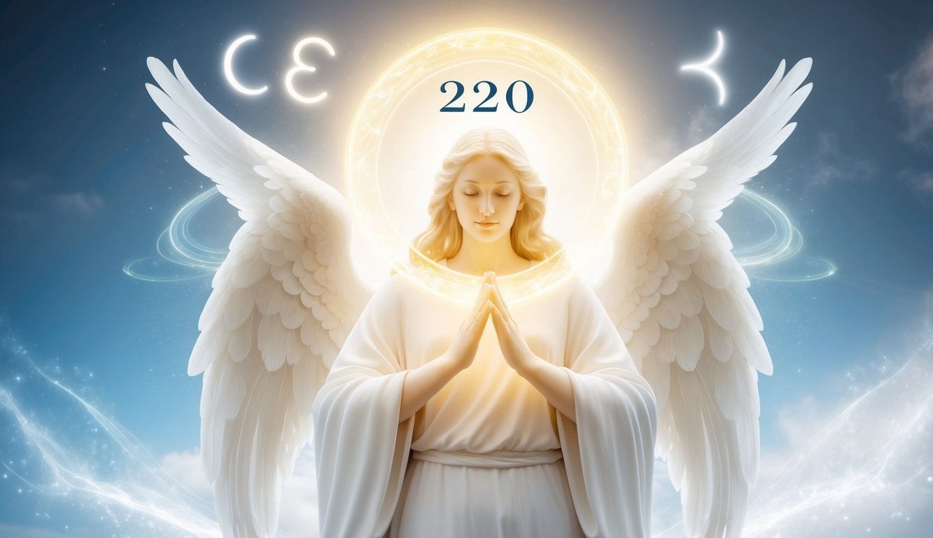 A serene angelic figure surrounded by a glowing halo, with the number 220 floating in the air, surrounded by ethereal light and celestial symbols