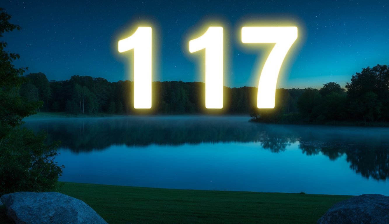 A serene, starlit night with a glowing number 1117 hovering above a tranquil landscape