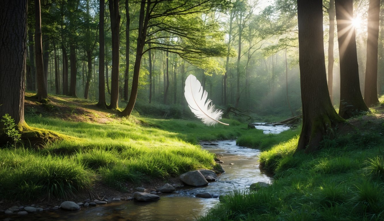 A serene forest clearing with a small stream, sunlight filtering through the trees, and a single white feather floating gently in the air