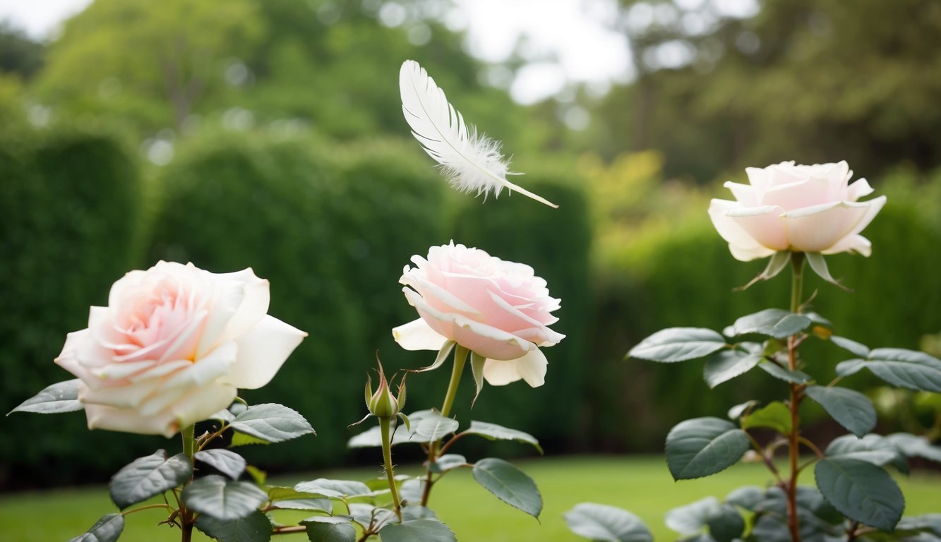 A serene garden with three blooming rose bushes and a single white feather floating down from the sky
