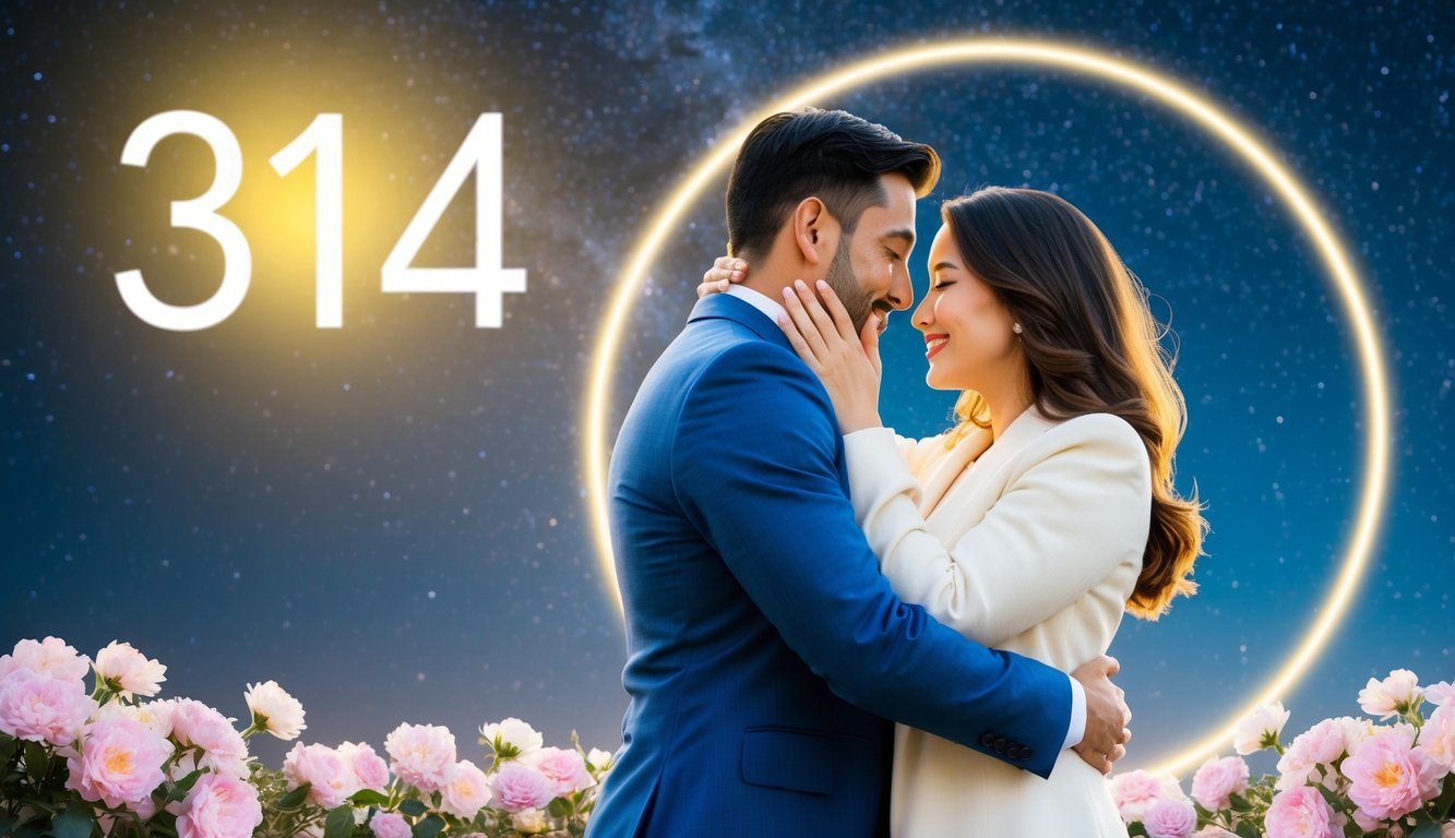A couple embraces under a starry sky, surrounded by blooming flowers and a glowing halo of light, with the number 314 subtly hidden in the background