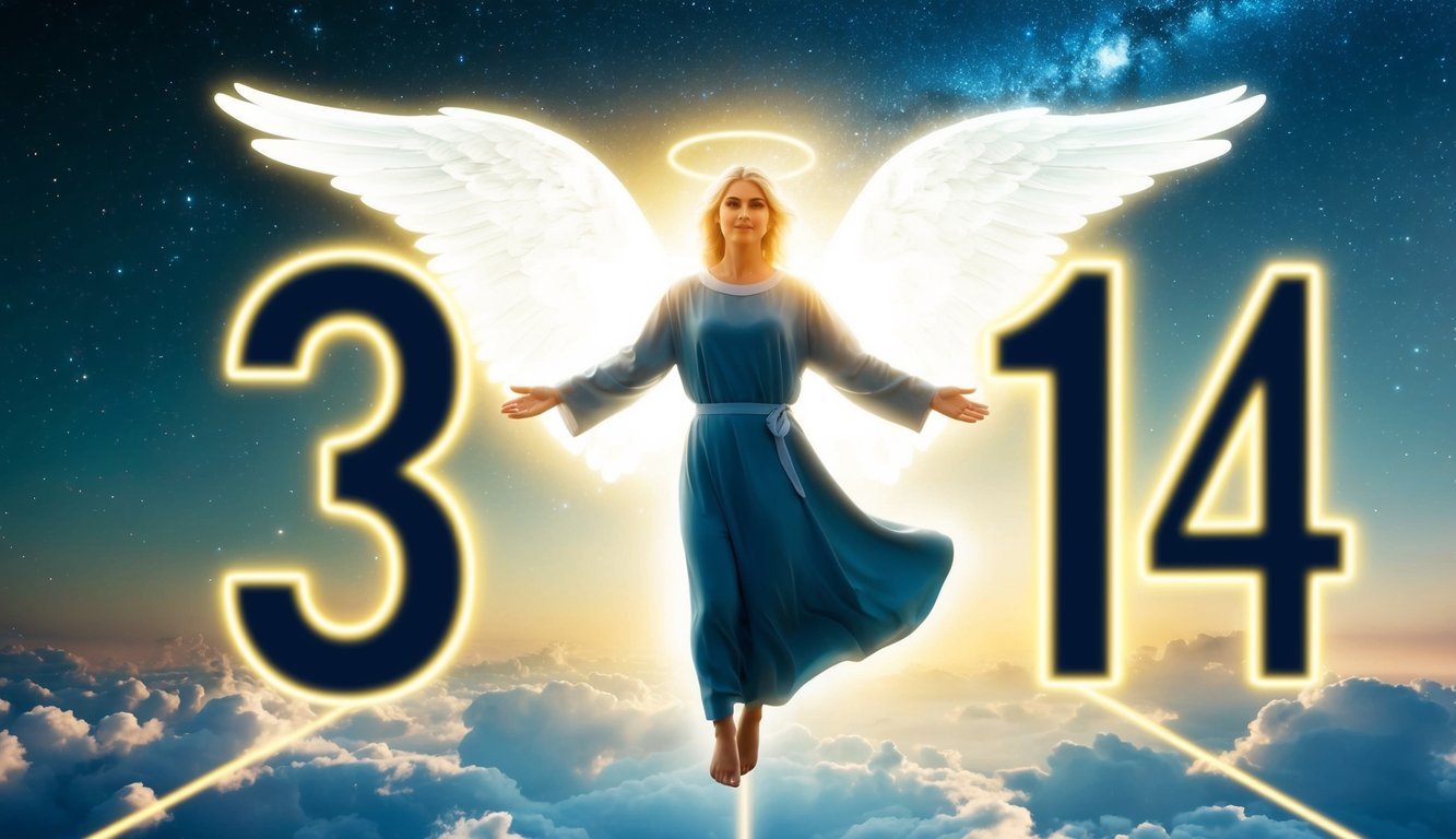 A glowing angelic figure surrounded by the number 314 in a celestial setting