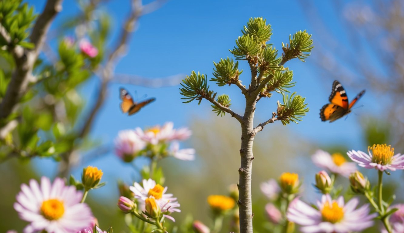 A tree sprouting new branches, surrounded by blooming flowers and butterflies