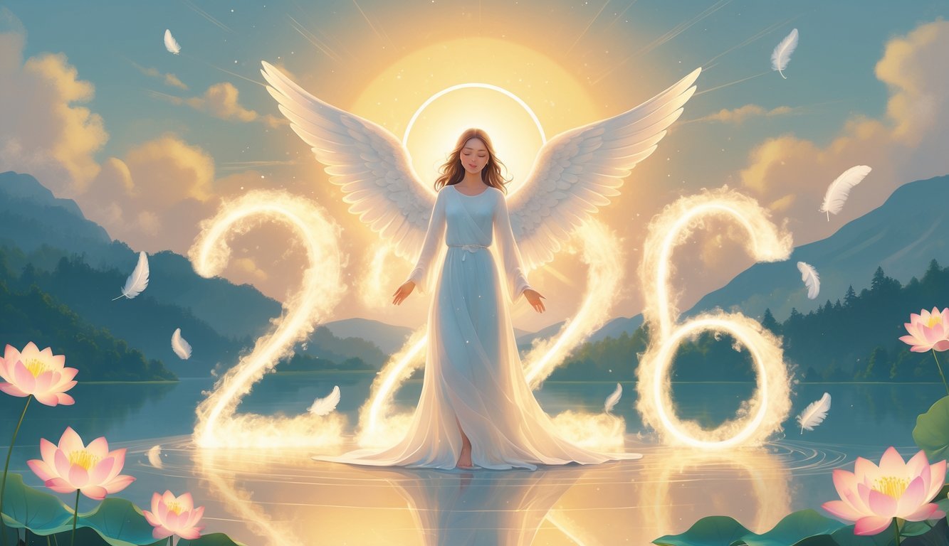 An angel with glowing wings surrounded by glowing numbers 2626, floating over a calm lake with mountains in the background at dawn.