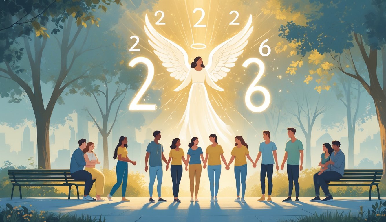 An angelic figure glowing softly above people interacting peacefully in a park, symbolizing guidance and harmony in daily life and relationships.