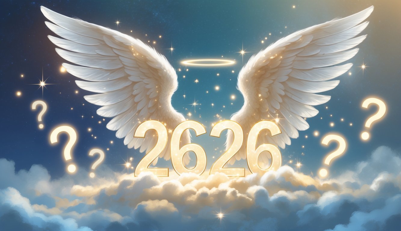 A glowing pair of angel wings surrounding the numbers 2626 with soft light and sparkles in a calm, celestial background.