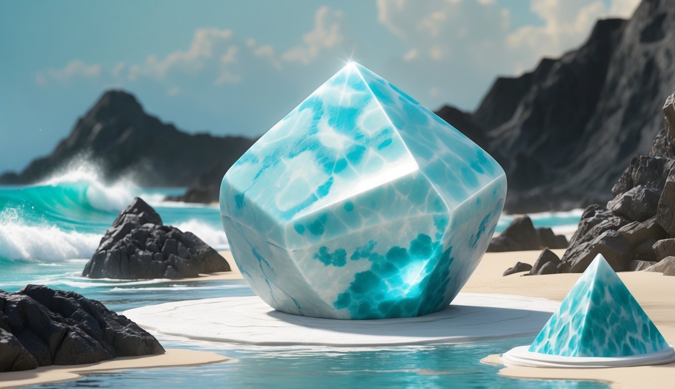 Close-up illustration of a pale blue Larimar crystal with white patterns, surrounded by volcanic rocks and ocean waves.