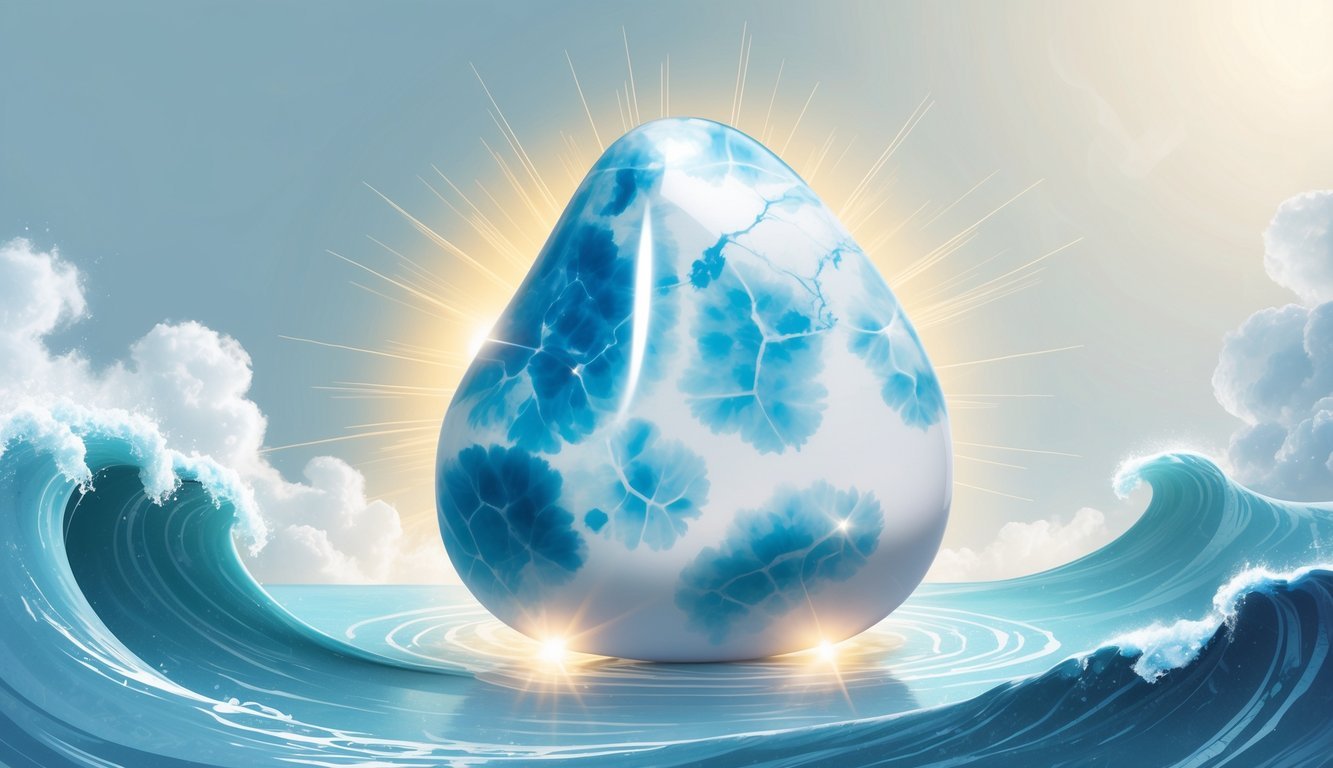 A polished larimar crystal with blue and white patterns surrounded by ocean waves, clouds, and light rays symbolizing calmness and healing.