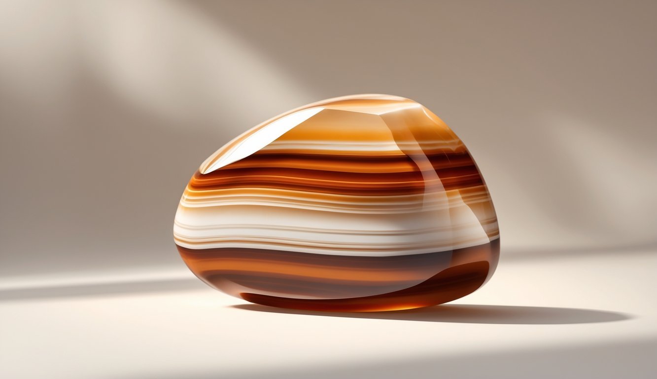 A polished sardonyx gemstone with alternating reddish-brown and white bands on a neutral background.