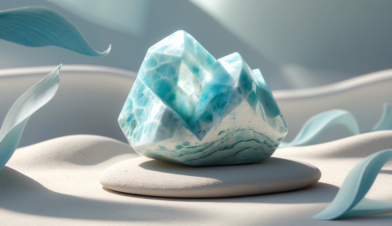 A larimar crystal with light blue and white patterns resting on a stone surface with soft ocean-inspired background elements.