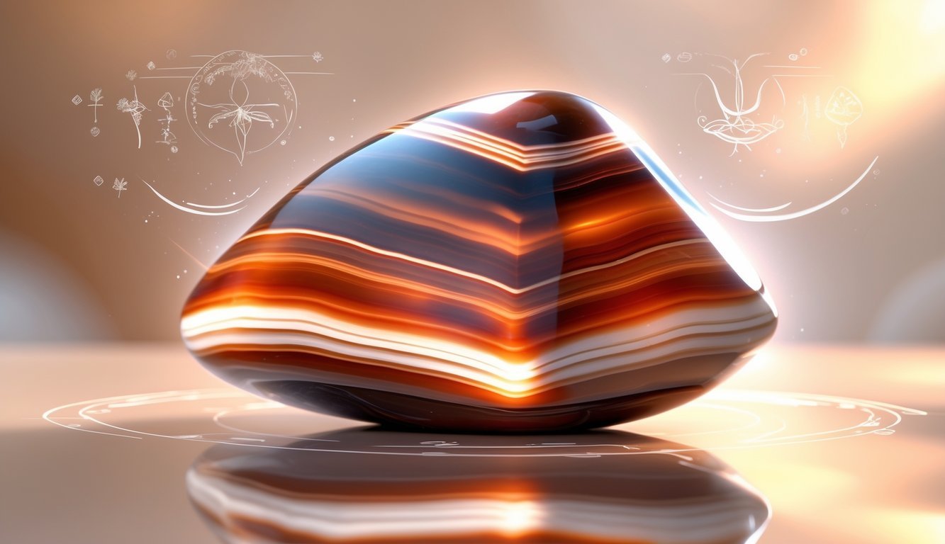 A polished sardonyx gemstone with reddish-brown and white layers resting on a reflective surface, surrounded by faint ancient symbols and a soft glowing aura.