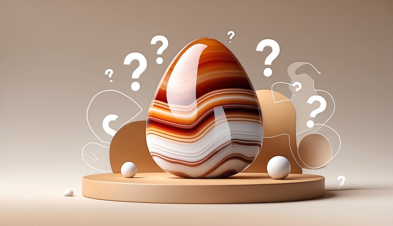 An illustration of a polished sardonyx gemstone surrounded by question mark icons and abstract shapes on a warm, minimalist background.