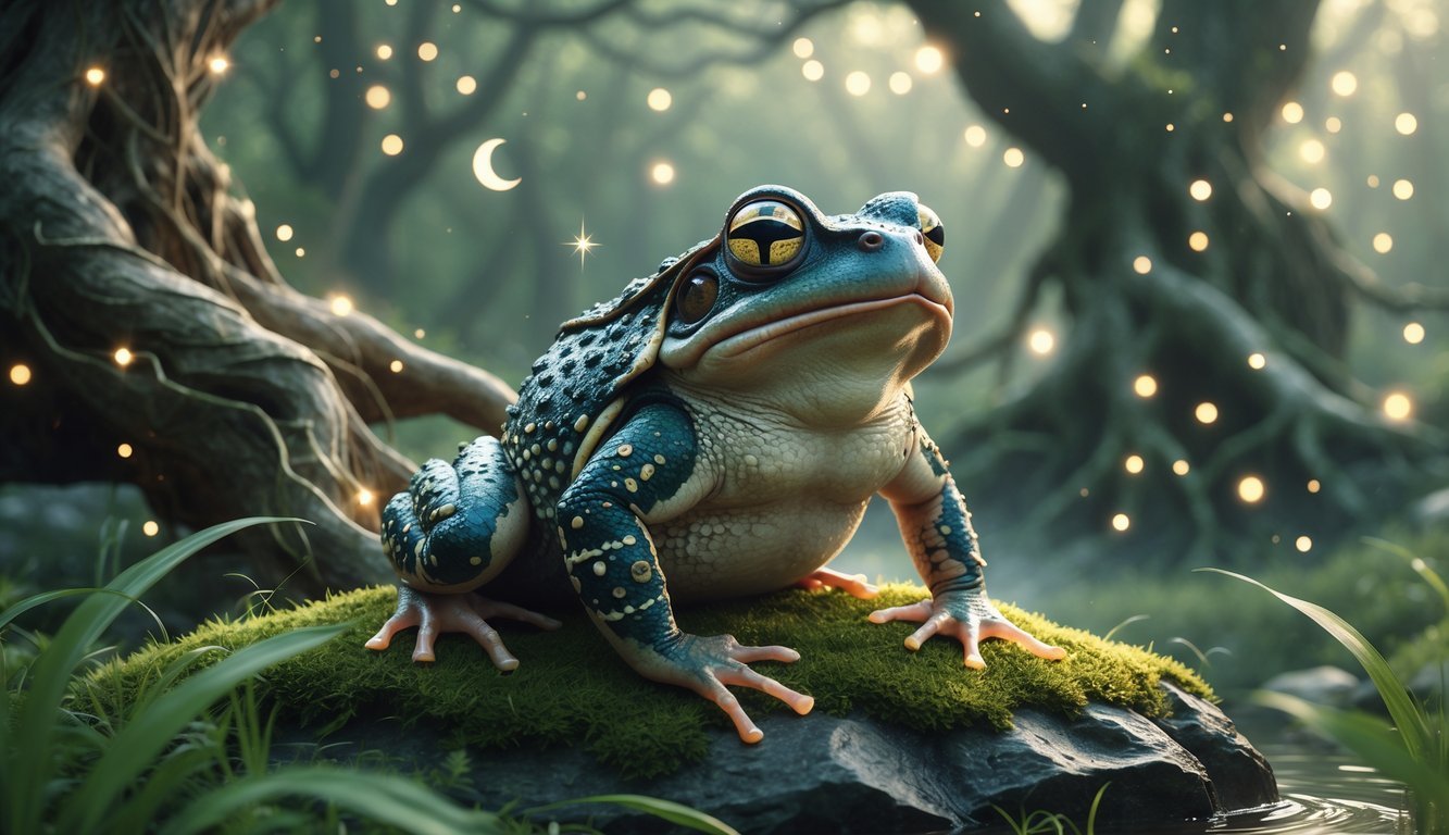 A toad sitting on a mossy rock in a forest surrounded by glowing lights and mist, with trees and spiritual symbols faintly visible in the background.