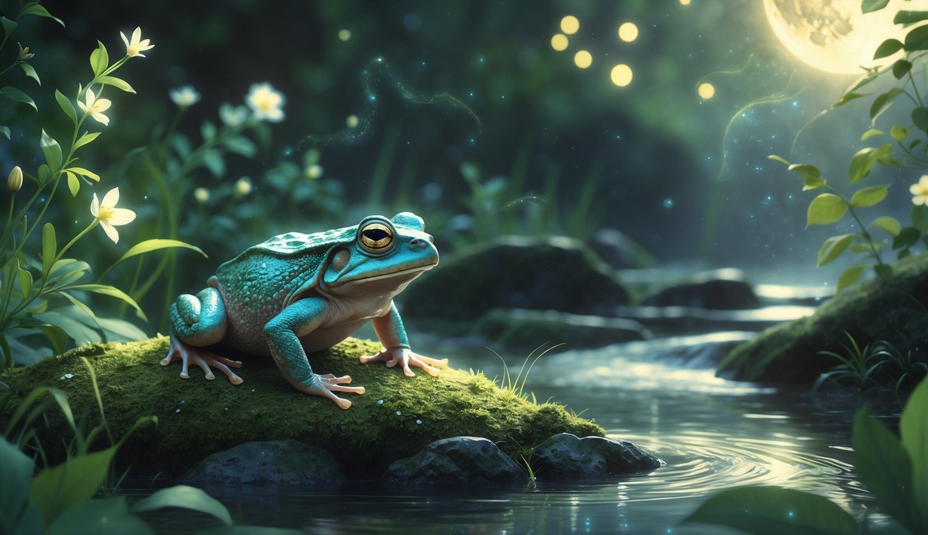 A toad sitting on a mossy rock near a stream in a forest at night, surrounded by glowing orbs and mist.