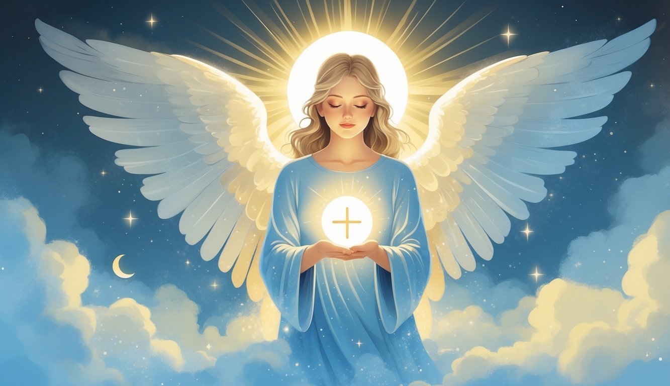 An angelic figure glowing softly with light, surrounded by clouds and stars, holding a glowing orb representing guidance.