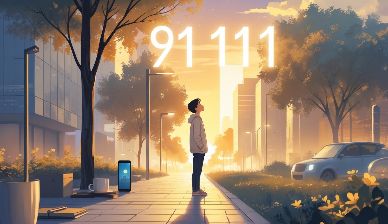 A person standing thoughtfully on a city sidewalk at sunrise with glowing numbers 9111 appearing softly in the air nearby.