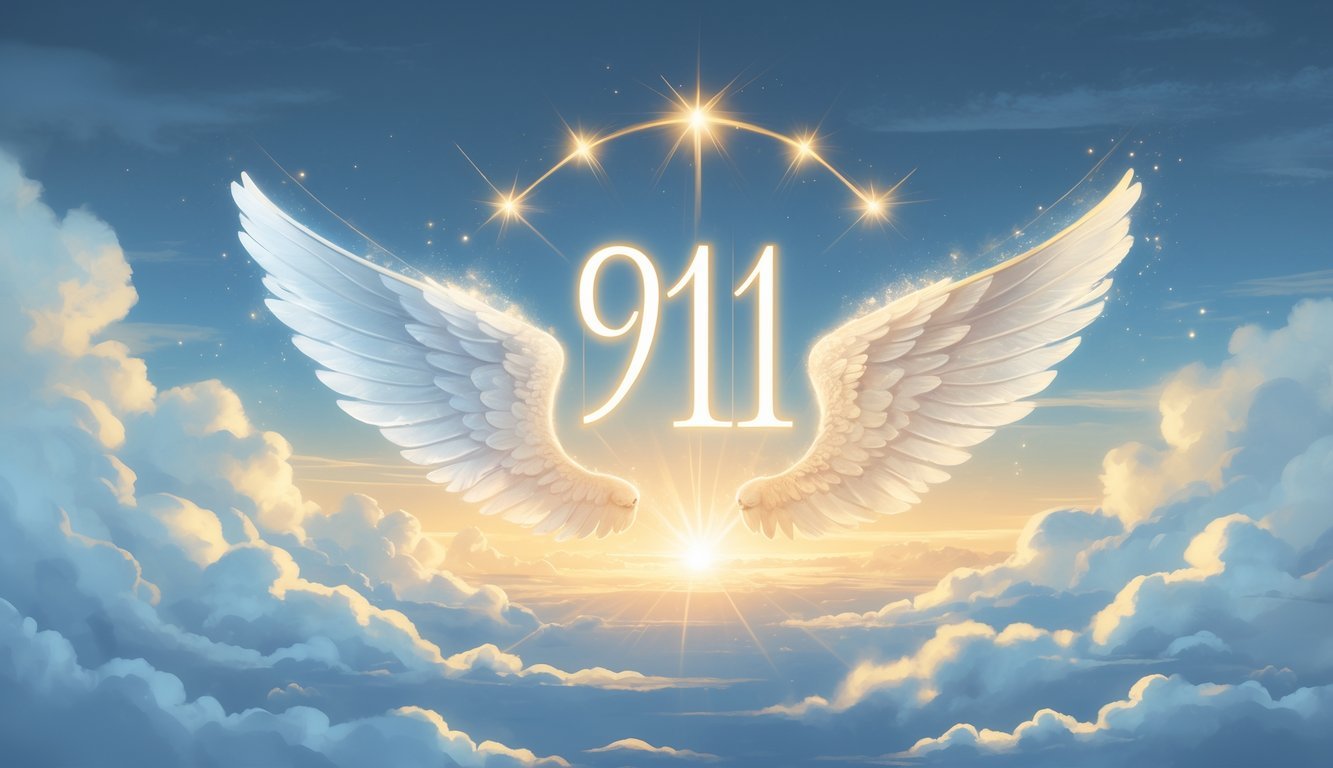 Glowing number 9111 surrounded by angel wings against a soft sky with clouds and a golden sunrise.