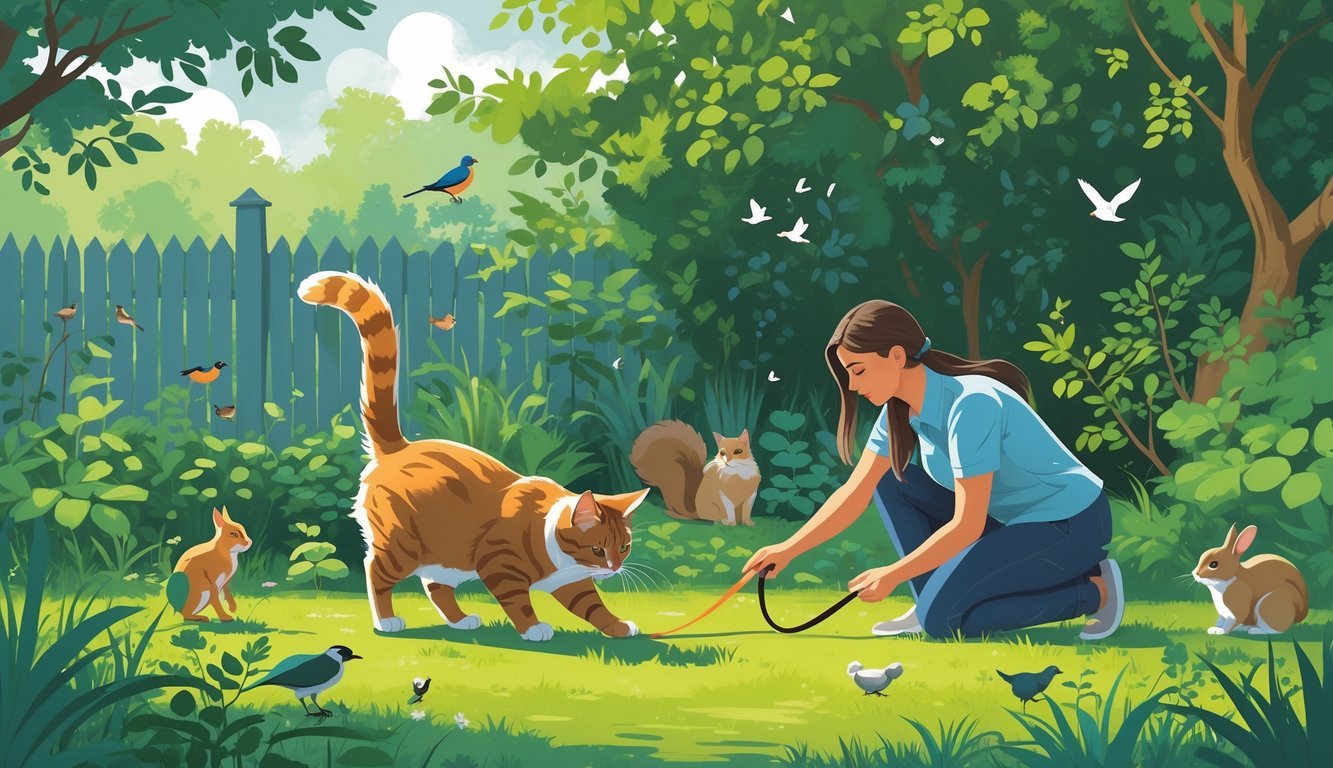A cat crouching in a garden near birds and small animals while a person gently redirects the cat indoors using a toy.
