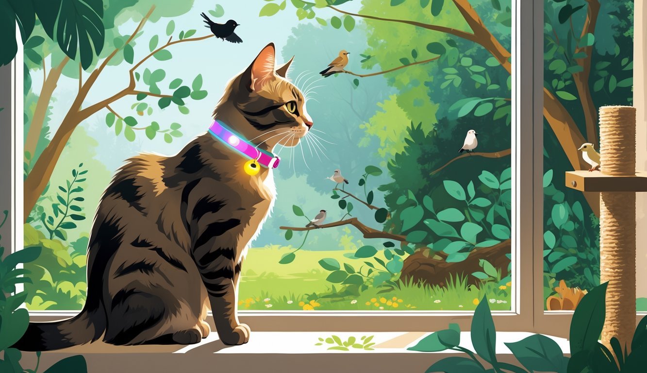 A cat indoors near a window looking at birds outside while a person offers a toy, showing a peaceful scene with wildlife in the garden.