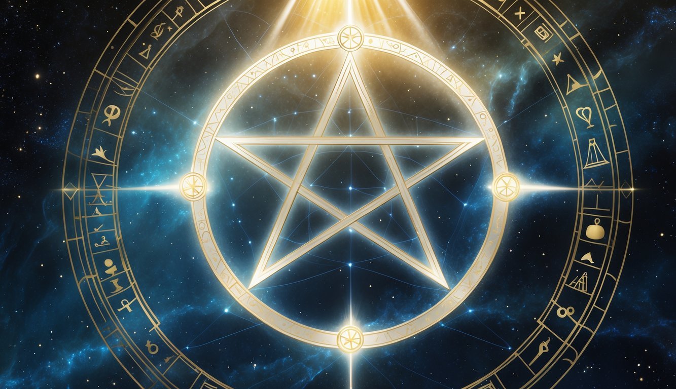 A glowing pentagram surrounded by ancient symbols and historical elements with a starry night sky in the background.